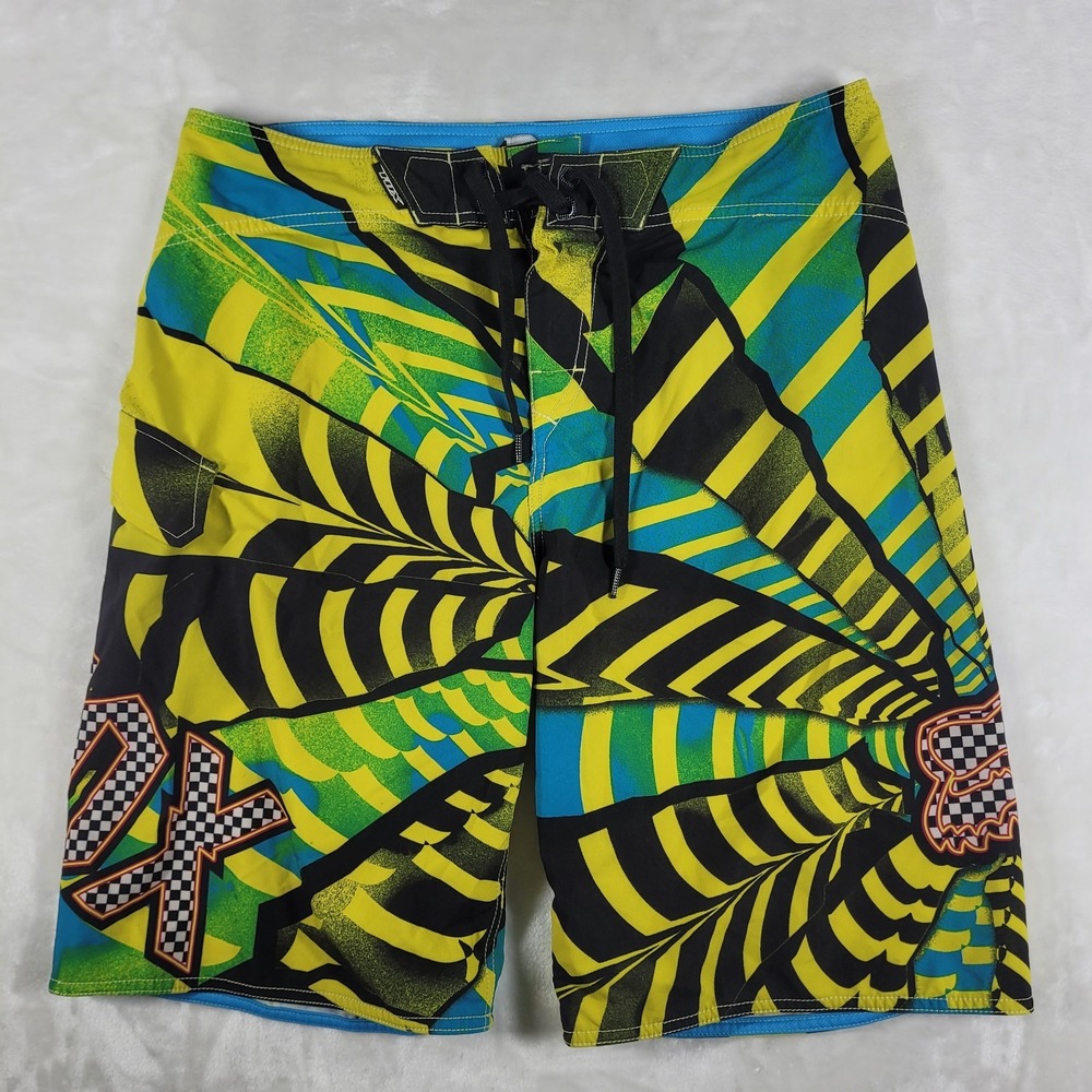 Fox Racing Board Shorts Men's 36 Blue Yellow Swim Surf Athletic Beach‎ Pool